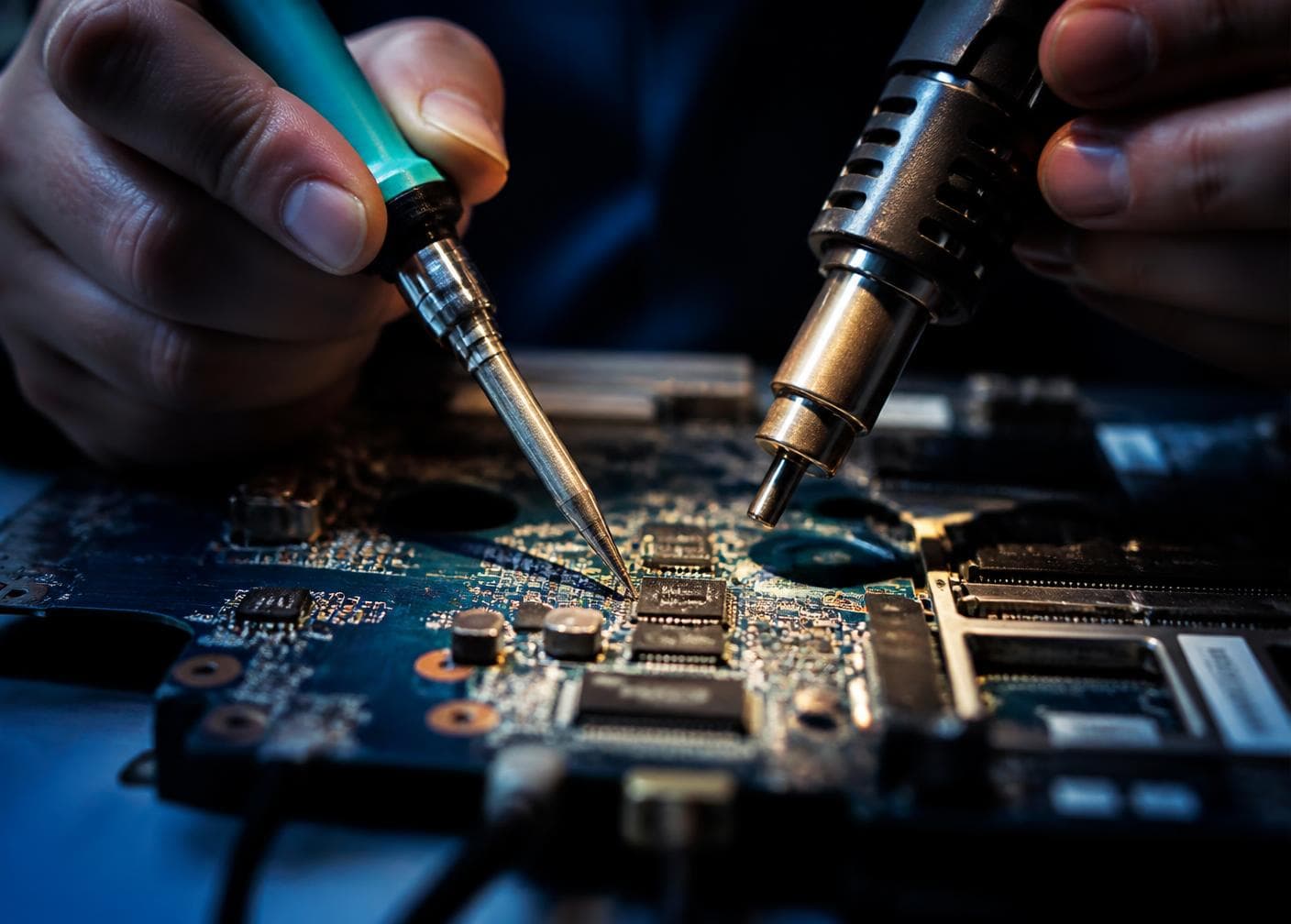 Technician performing chip-level soldering on a laptop motherboard